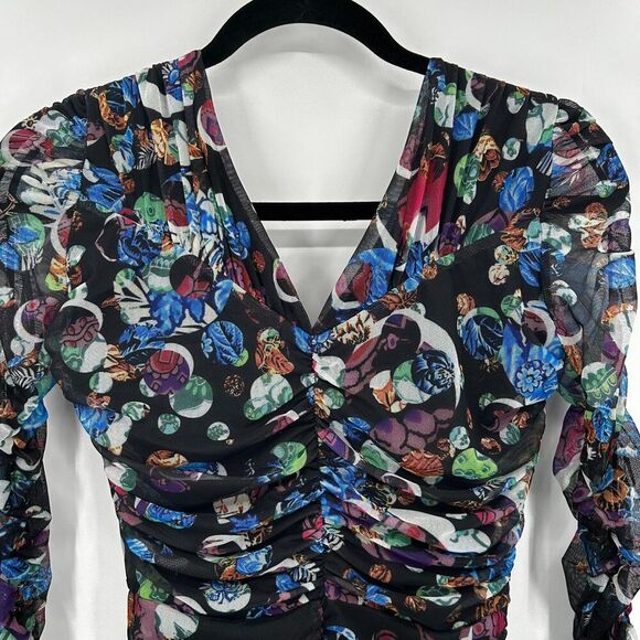 DESIGUAL Black Colorful M. Christian Lacroix Short Ruched V-Neck Mini Dress XS - Picture 9 of 11